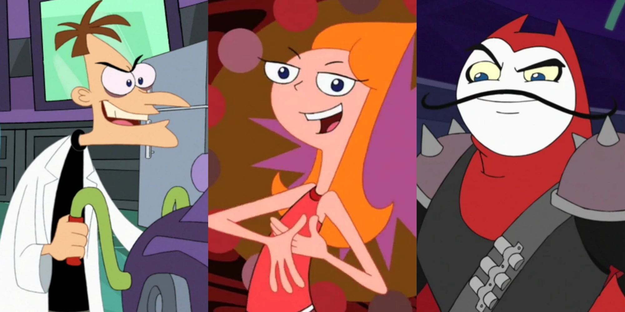 10 Greatest Phineas & Ferb Villains; split image of Dr. Doofenshmirtz, Candace, and Mitch