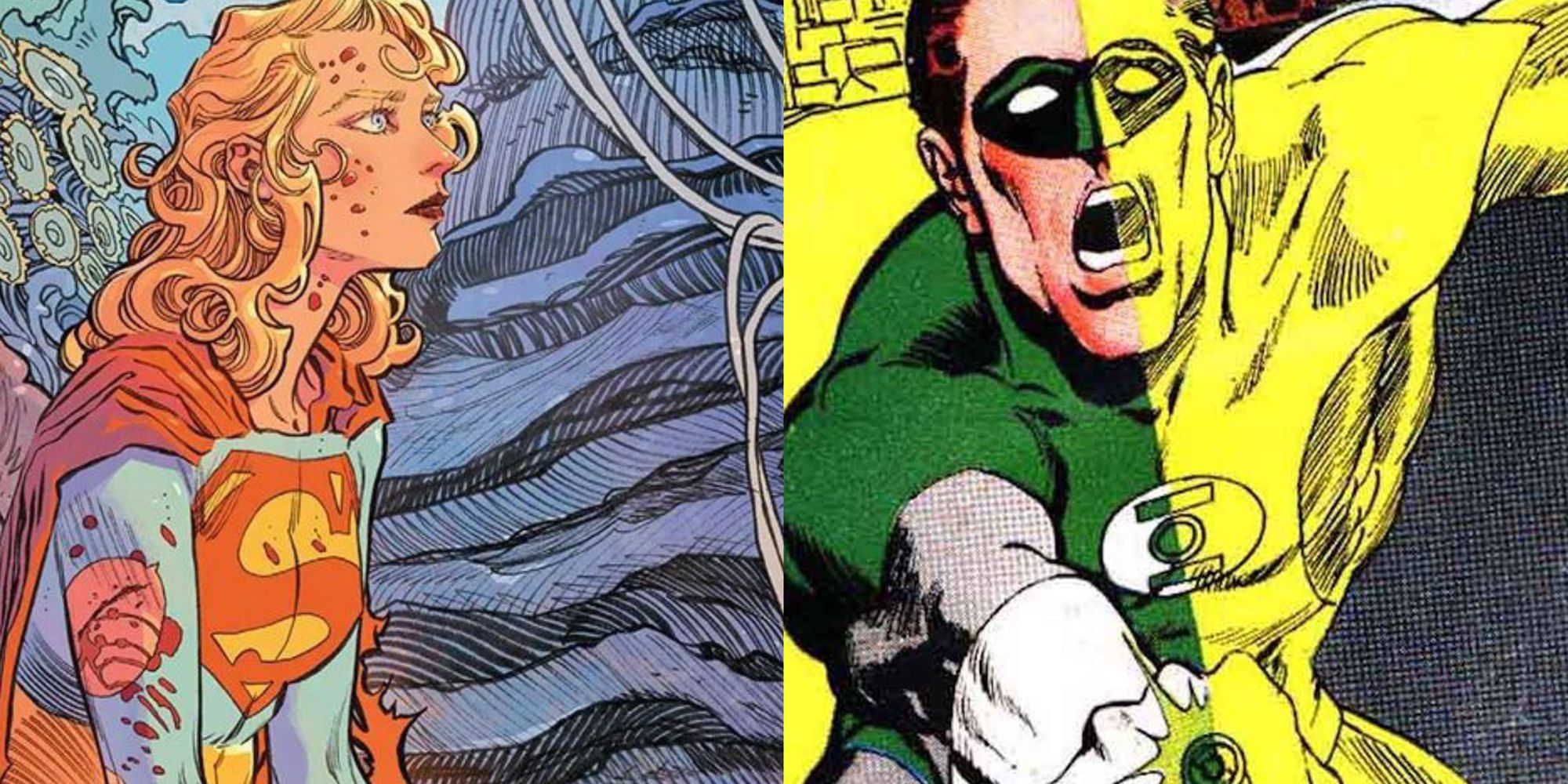 split image of Supergirl Woman of Tomorrow and Hal Jordan Green Lantern covered in yellow