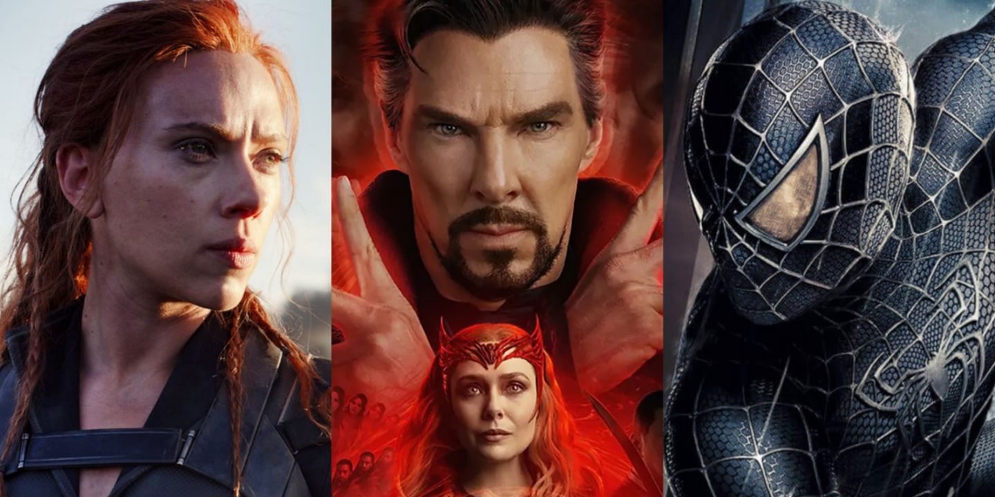 10 Marvel Movies That Were Set Up To Fail; split image of Natasha Romanoff in Black Widow, Doctor Strange and Scarlet Witch in Doctor Strange in the Multiverse of Madness, and Symbiote Spider-Man in Spider-Man 3