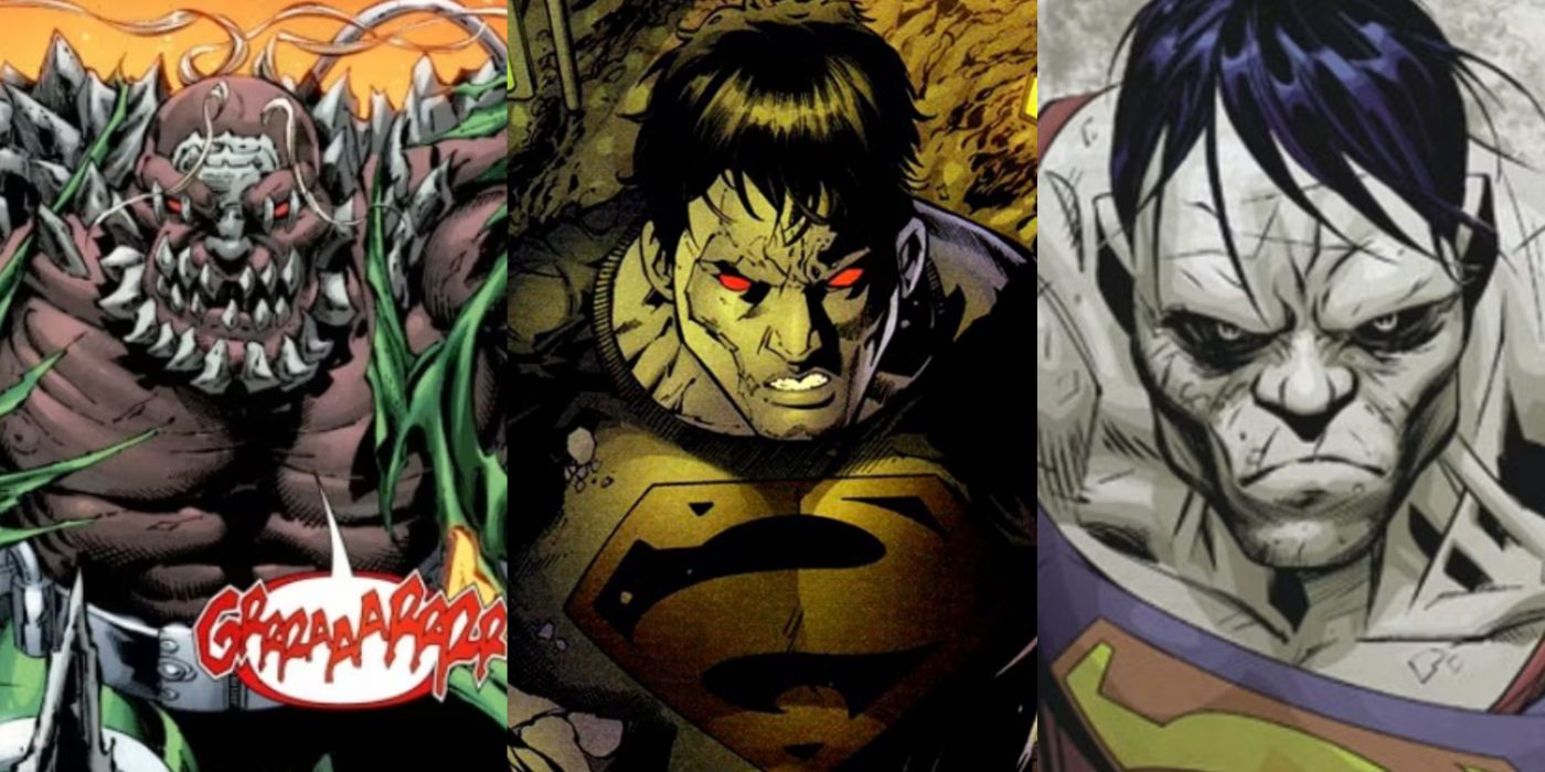 A split image of Doomsday, Match, and Bizarro from DC Comics
