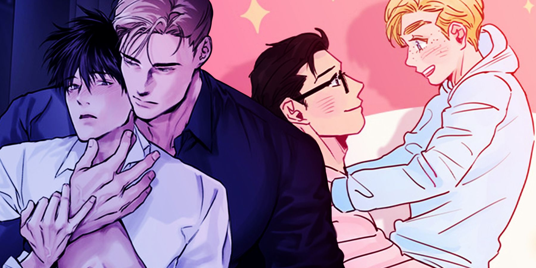 A custom image of two BL couples on the left is more sensual and the right more cute.