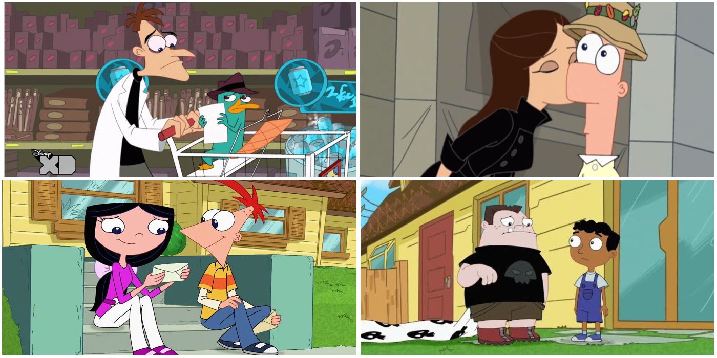 An image collage of main characters from Phineas and Ferb, like Doctor Doofensmertch, Perry, Phineas, Ferb, and more
