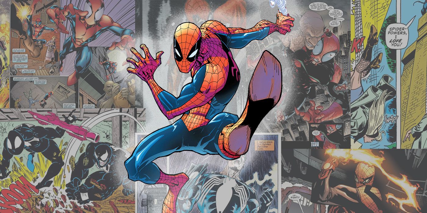 Featured image with Spider-Man swinging into action with a bunch of Spider-Man Images Behind