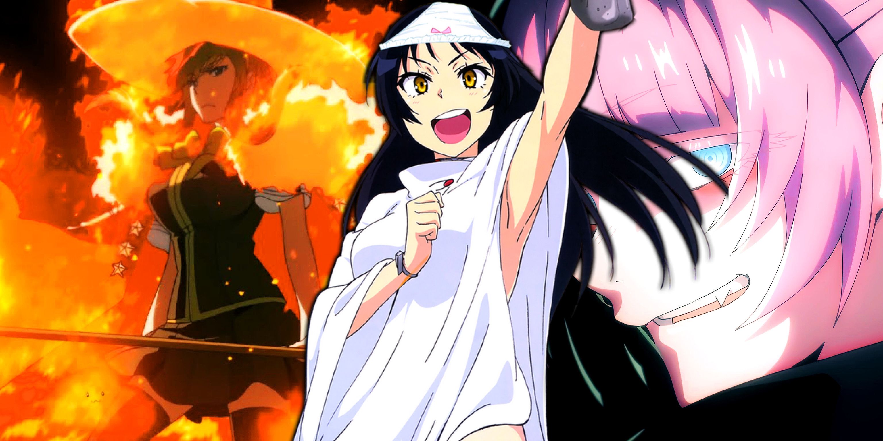 Ayaka covered in flames, Nanakusa smirking, and Ayame posing.