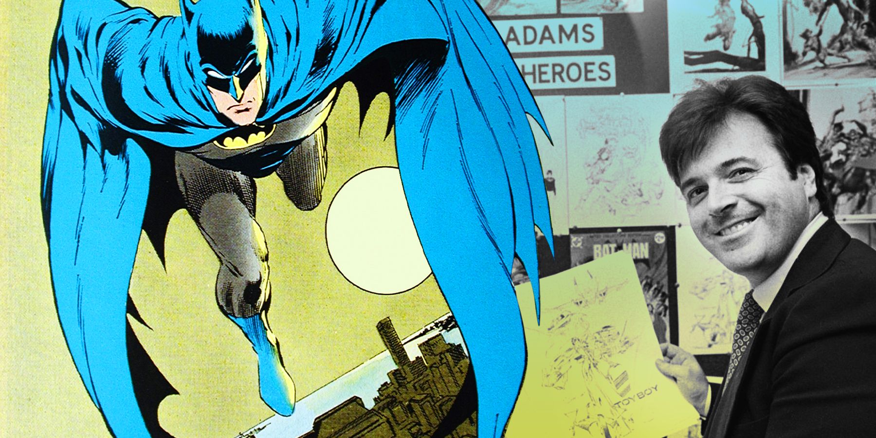 A collage of Neal Adams and of Batman in his blue and grey costume