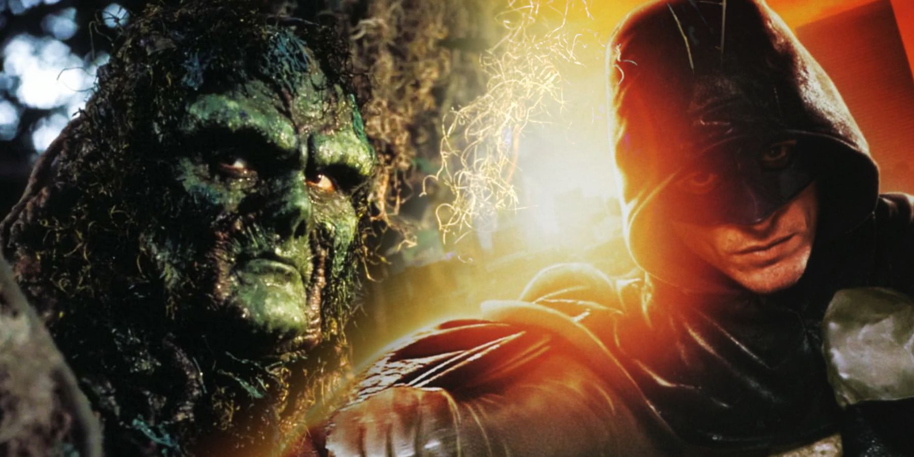 A split image of the 80s Swamp Thing and a superhero from the show The Cape