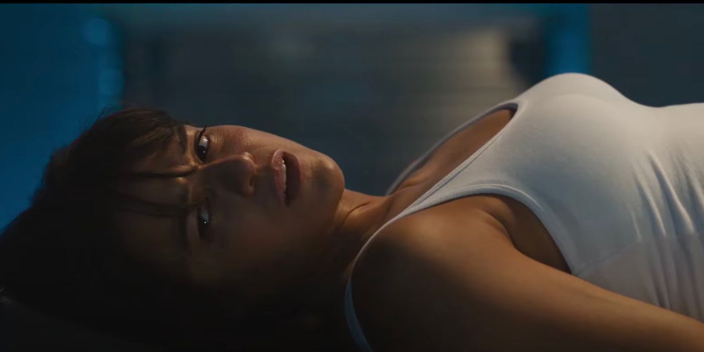 Letty Ortiz (Michelle Rodriguez) strapped down to a gurney in the trailer for Fast X