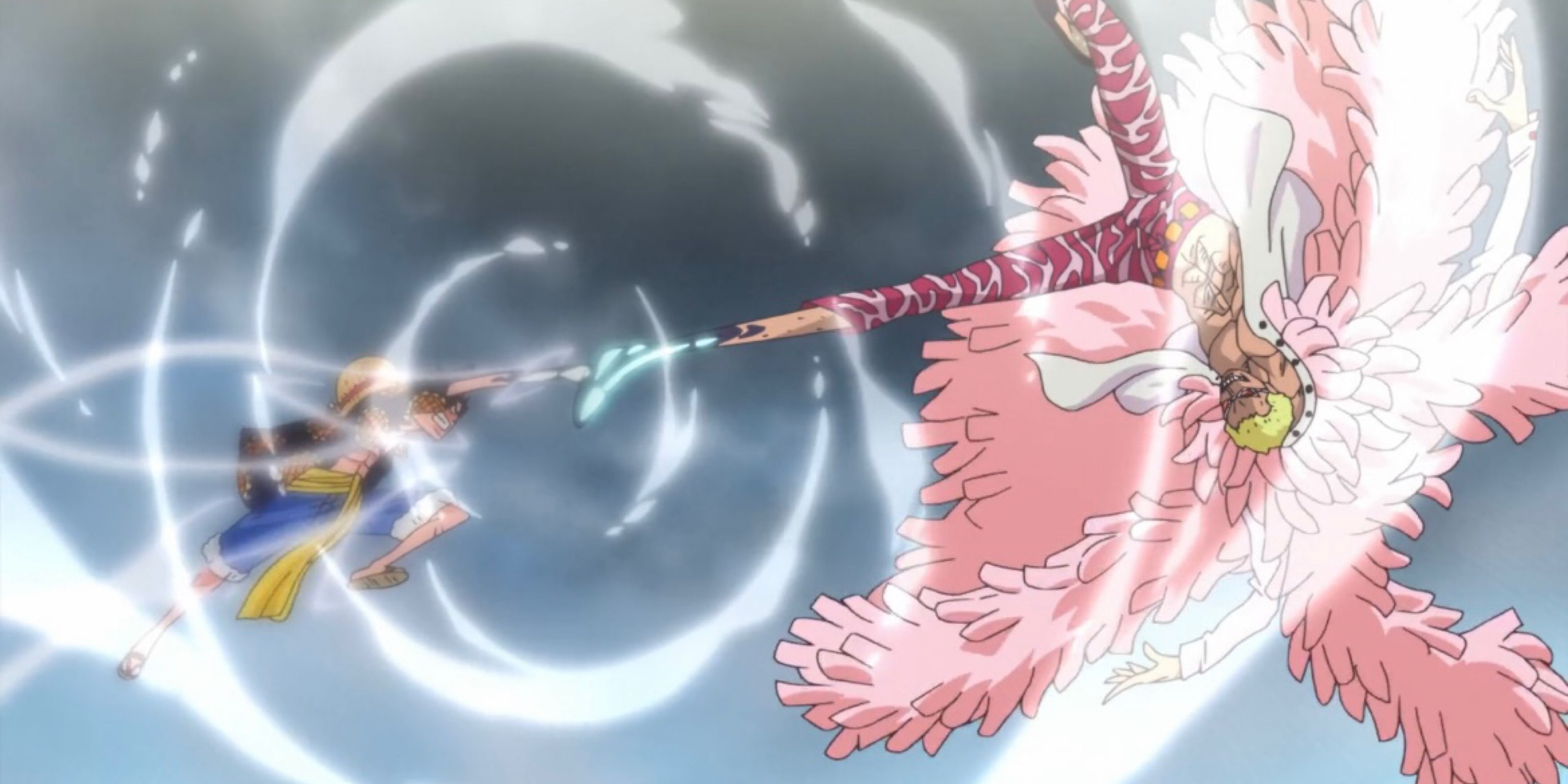 Luffy clashes with Doflamingo in the heart of Dressrosa in One Piece.