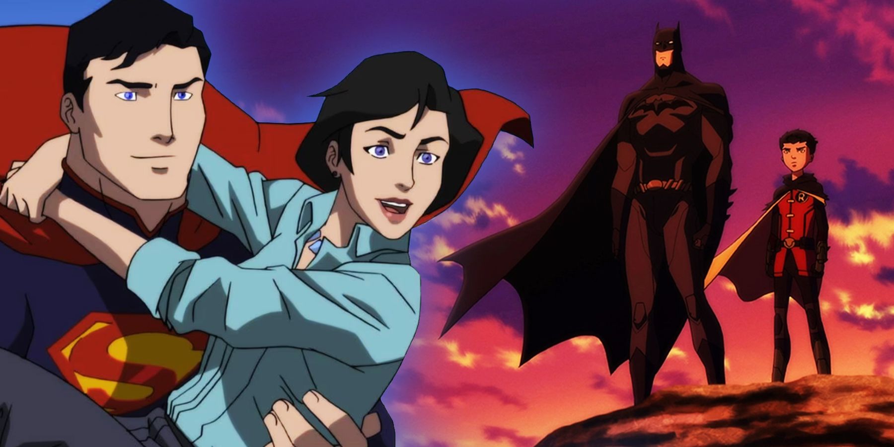 Superman flying while carrying Lois Lane and Batman standing with his son Damian Wayne