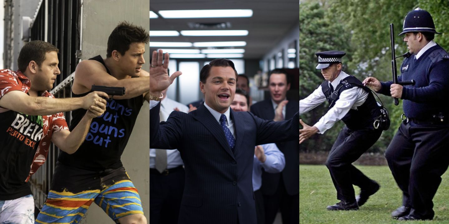 A split image of 22 Jump Street, Wolf of Wall Street, and Hot Fuzz