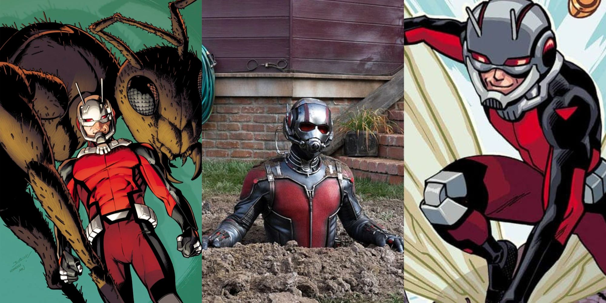 A split image of Ant-Man in the comics and on screen feature