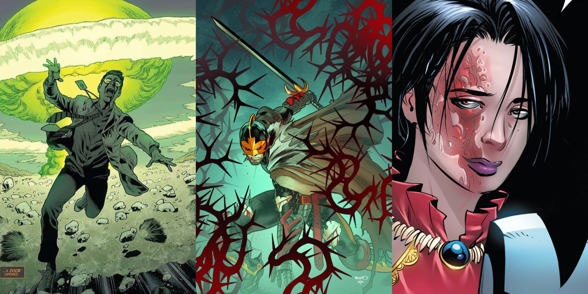 A split image of Bruce Banner, Dane Whitman and Eleanor Bishop in Marvel Comics feature