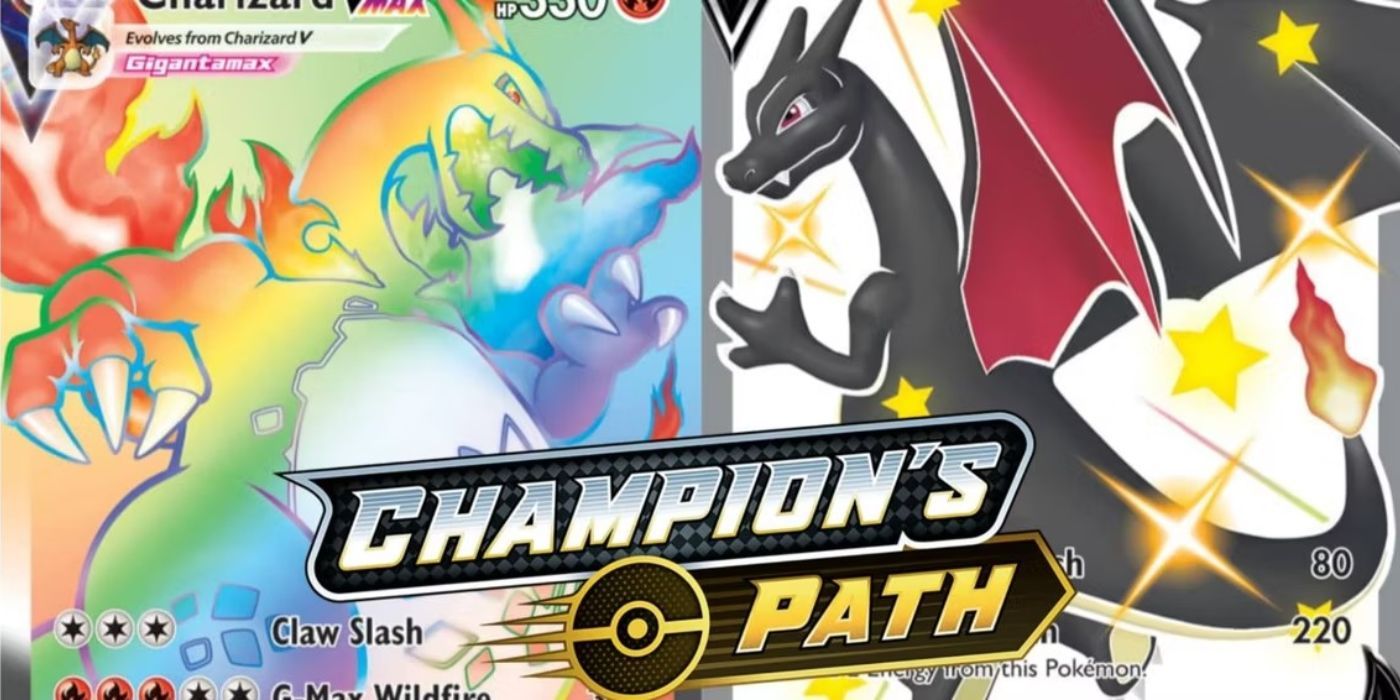 Uma imagem dividida dos raros secretos Charizard VMAX e Charizard V do Pokémon Caminho do Campeão TCG.