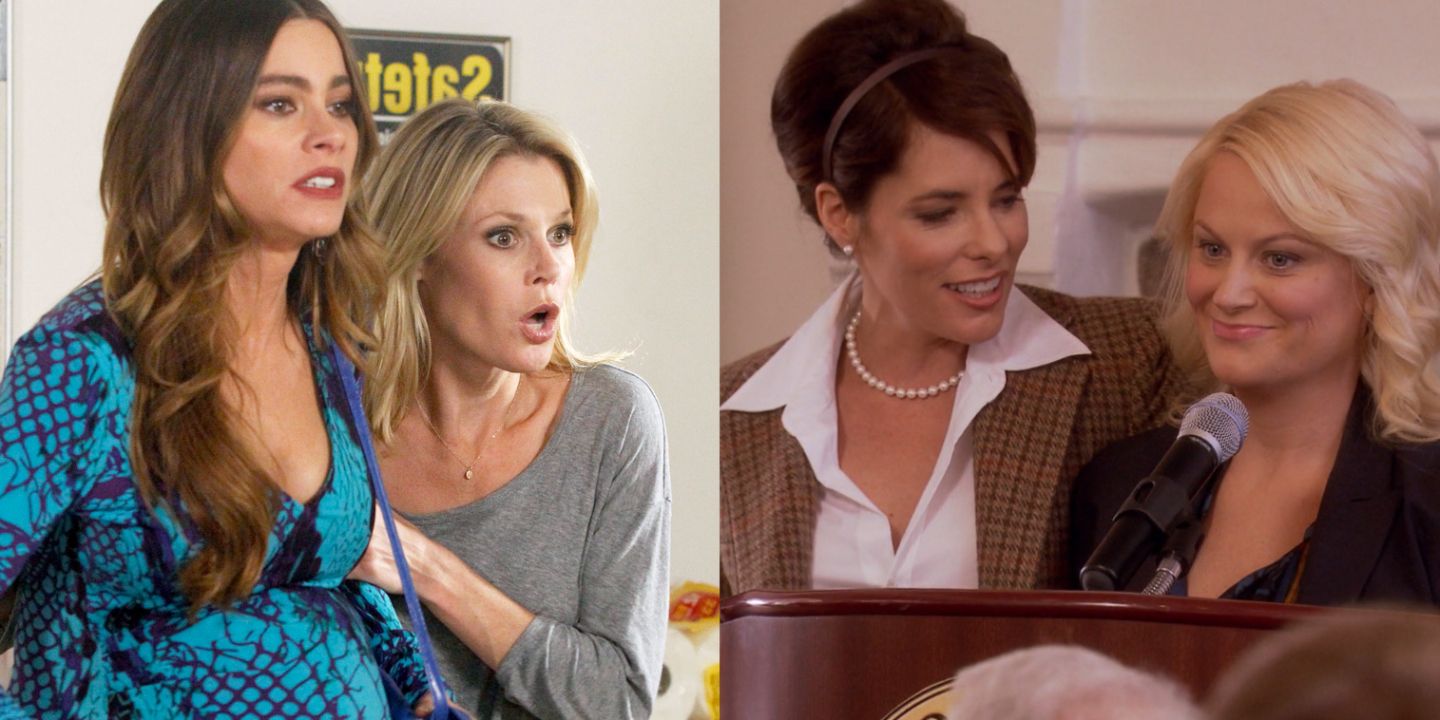 A split image of Claire and Gloria in Modern Family and Pawnee and Eagleton in Parks and Rec