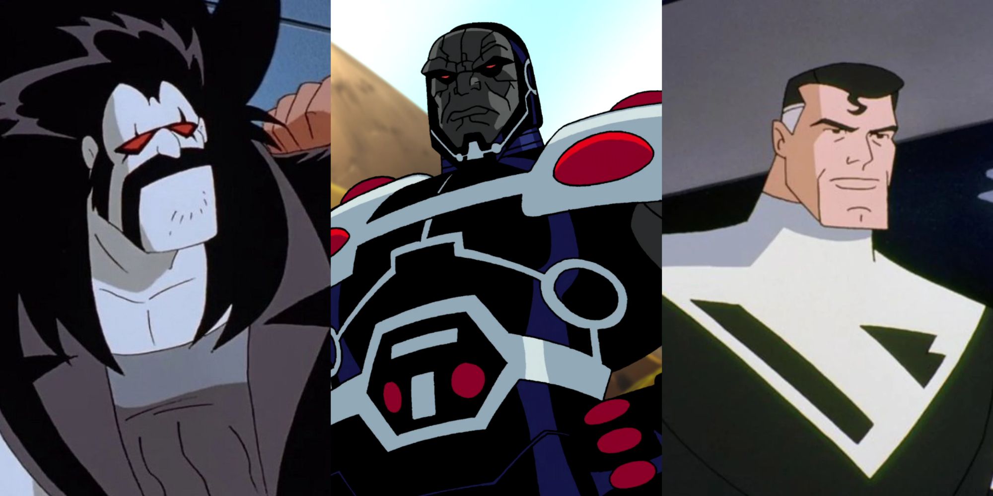 A split image of DCAU's Lobo, Darkseid, and Superman all looking serious