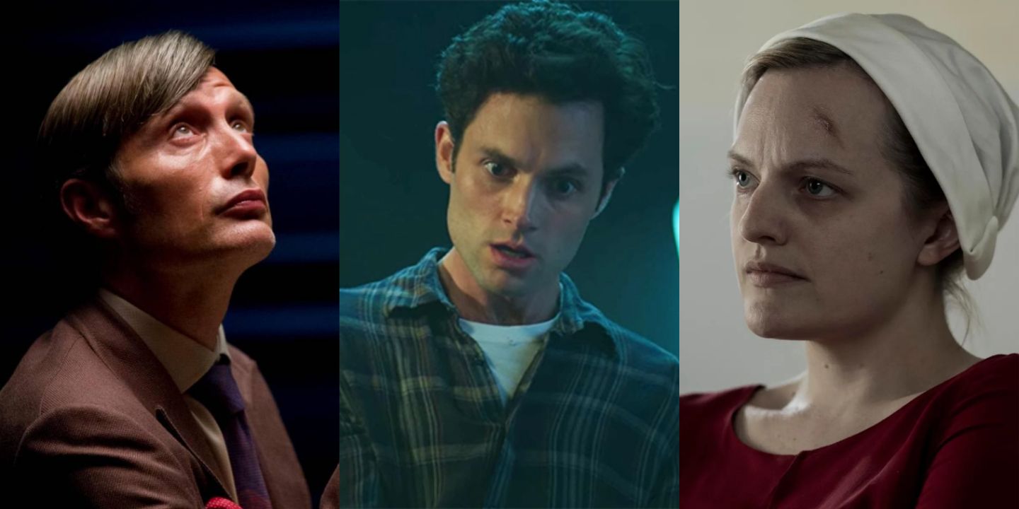 A split image of Hannibal, Joe Goldberg in You, and Offred in The Handmaid's Tale