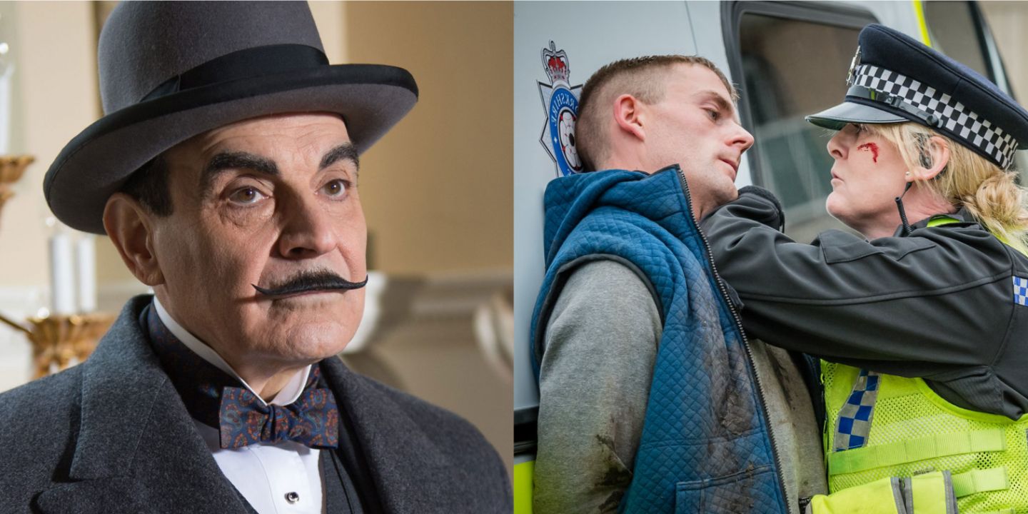 A split image of Hercule Poirot in Agatha Christie's Poirot and Christine arresting someone in Happy Valley
