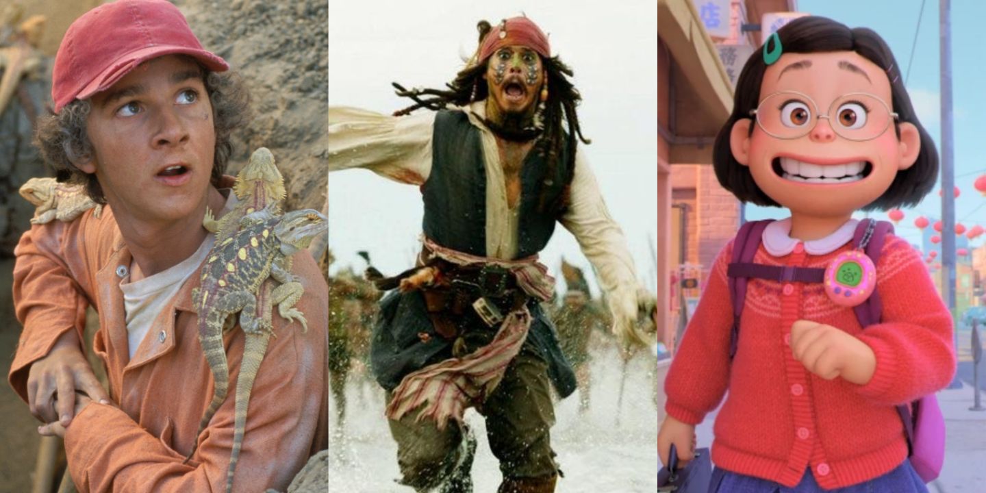 A split image of Holes, Pirates of the Caribbean, and Turning Red