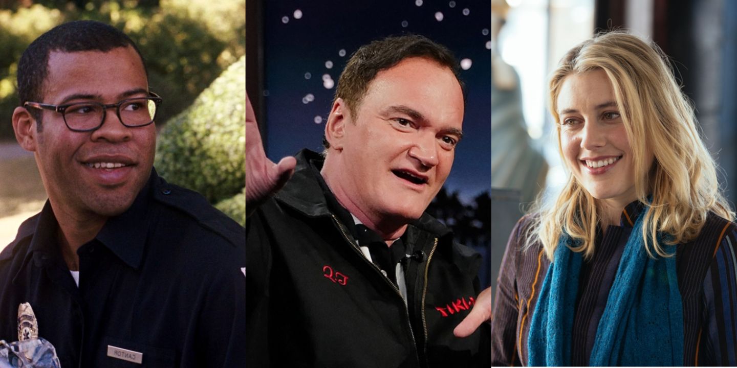 A split image of Jordan Peele, Quentin Tarantino, and Greta Gerwig
