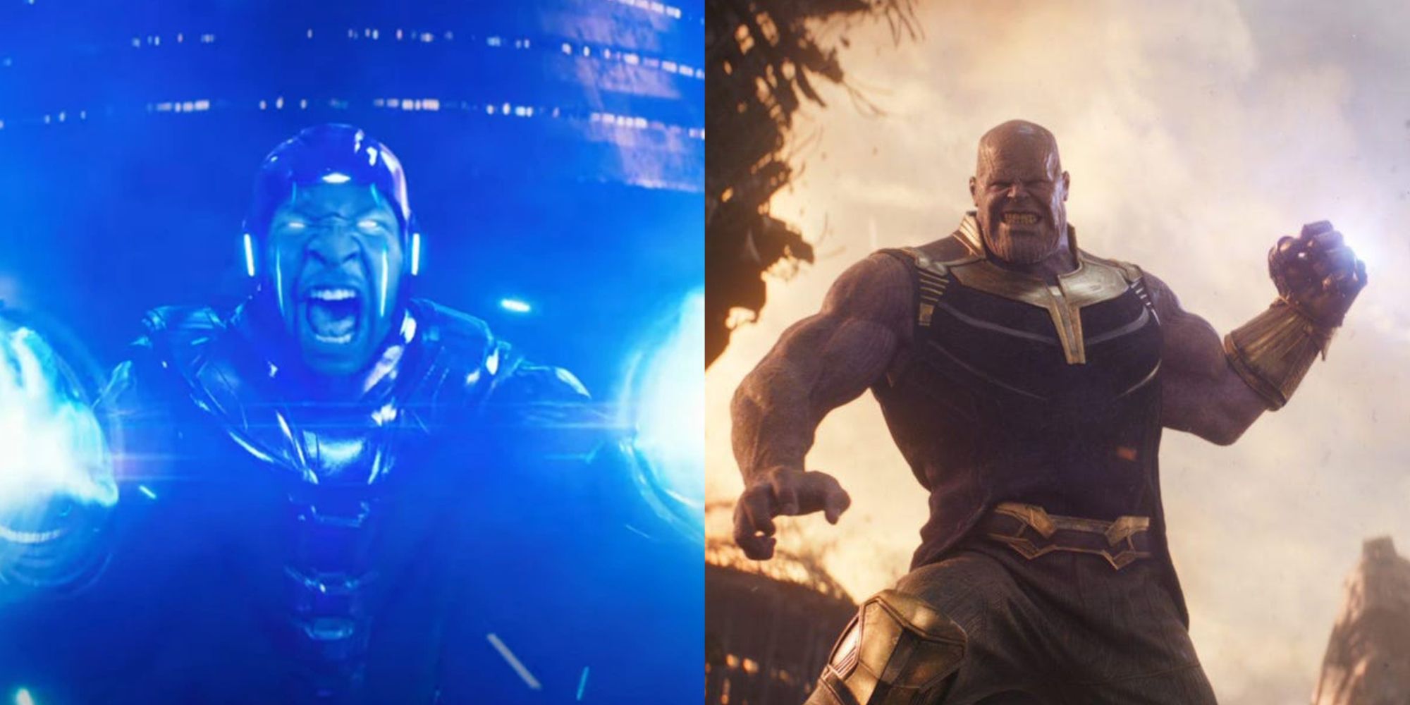 A split image of Kang attacking in Ant-Man and the Wasp Quantumania and Thanos attacking Avengers Infinity War