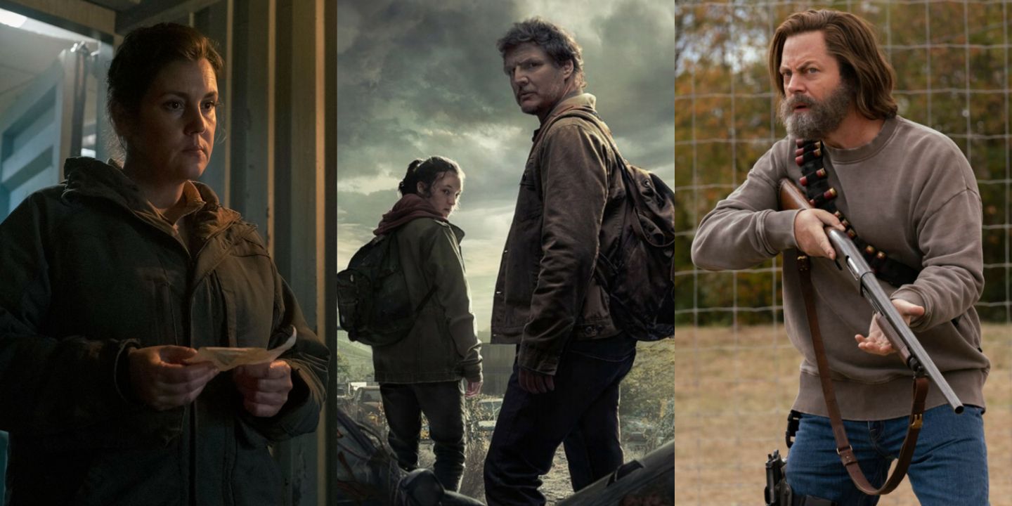 A split image of Kathleen, Joel and Ellie, and Bill in HBO's The Last of Us