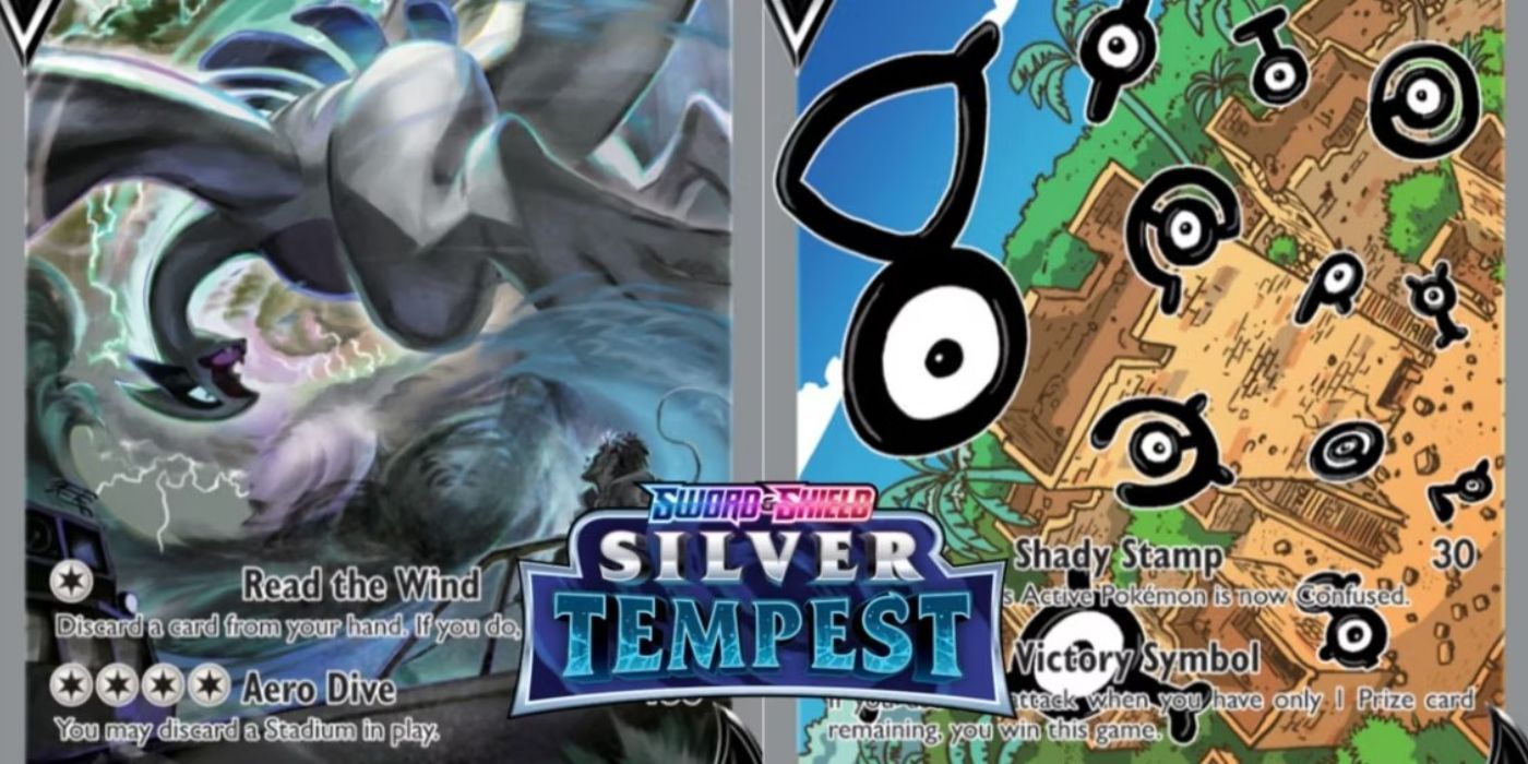 Uma imagem dividida de Lugia e Unown do Pokémon Silver Tempest TCG.