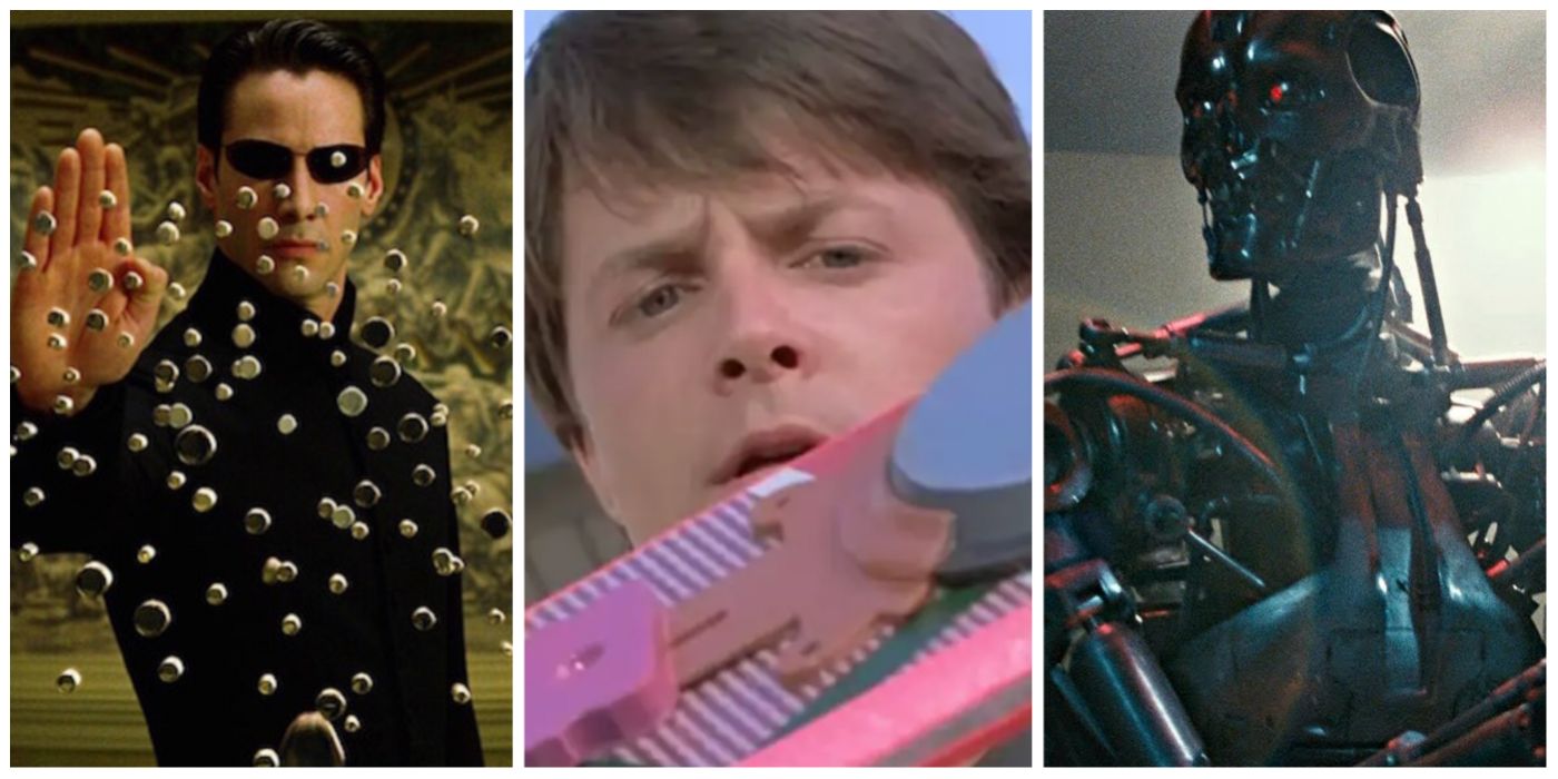 A split image of Neo from The Matrix, Marty from Back To The Future, and T-800 from Terminator