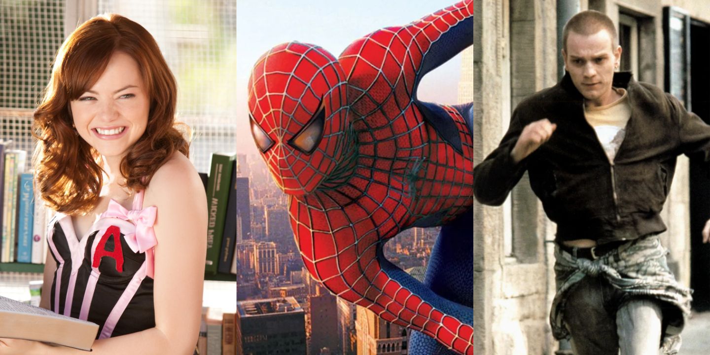 A split image of Olive in Easy A, Spider-Man in Spider-Man, and Mark in Trainspotting