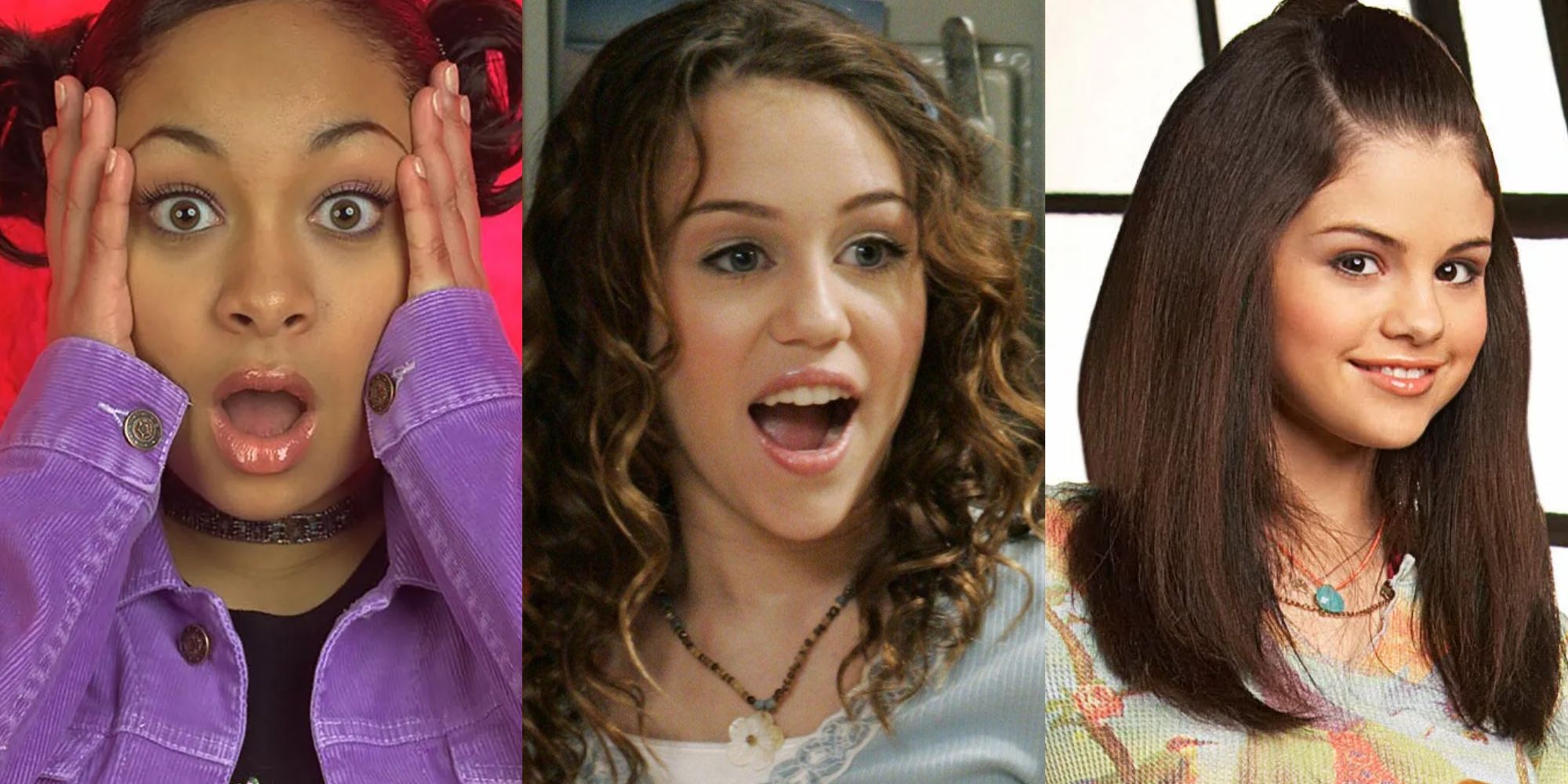 A split image of Raven Baxter, Hannah Montana, and Alex Russo looking toward the camera in That's so Raven, Hannah Montana, and Wizards of Waverly Place