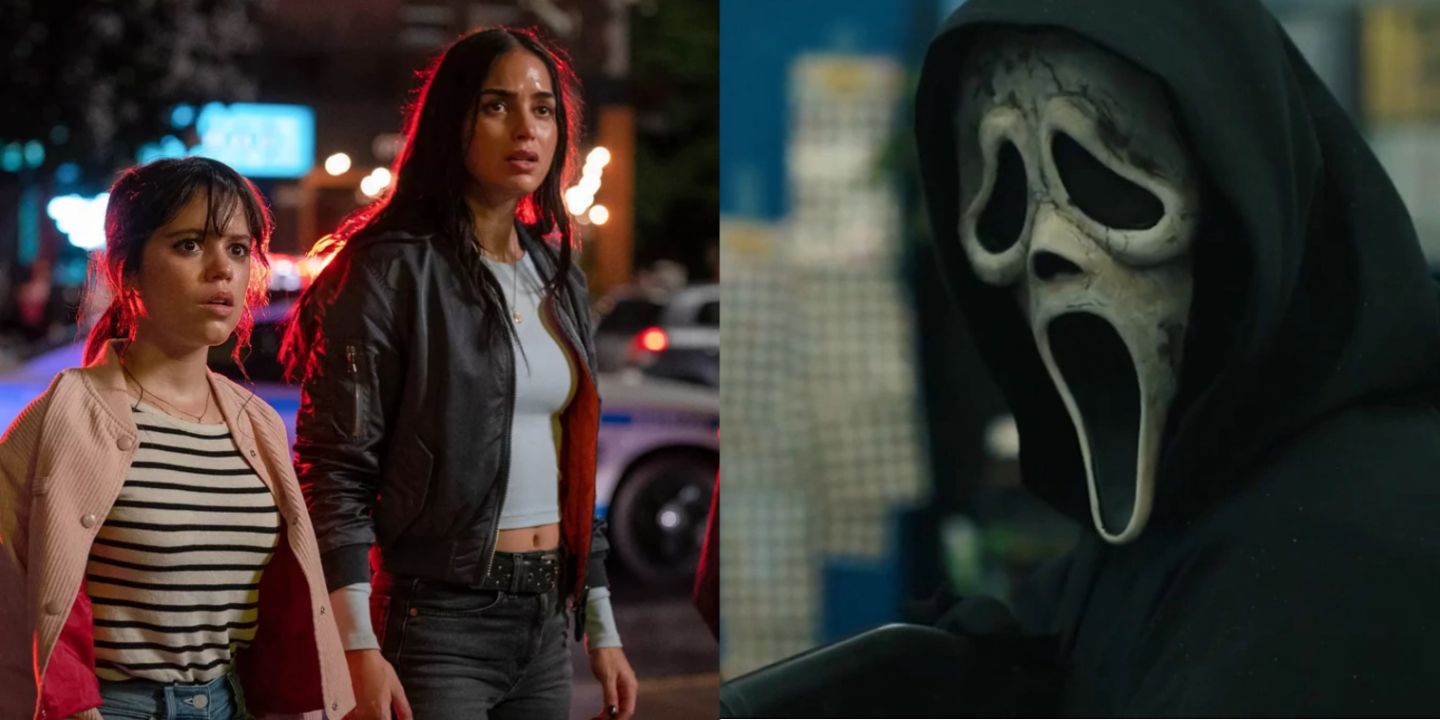 A split image of Sam and Tara and Ghostface in Scream 6