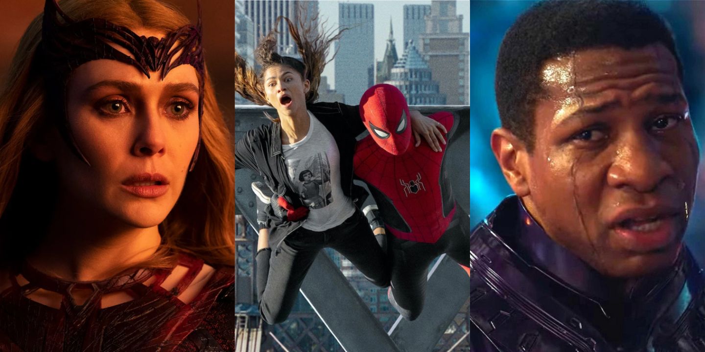 A split image of Scarlet Witch in Multiverse of Madness, Peter and MJ in No Way Home, and Kang in Quantumania