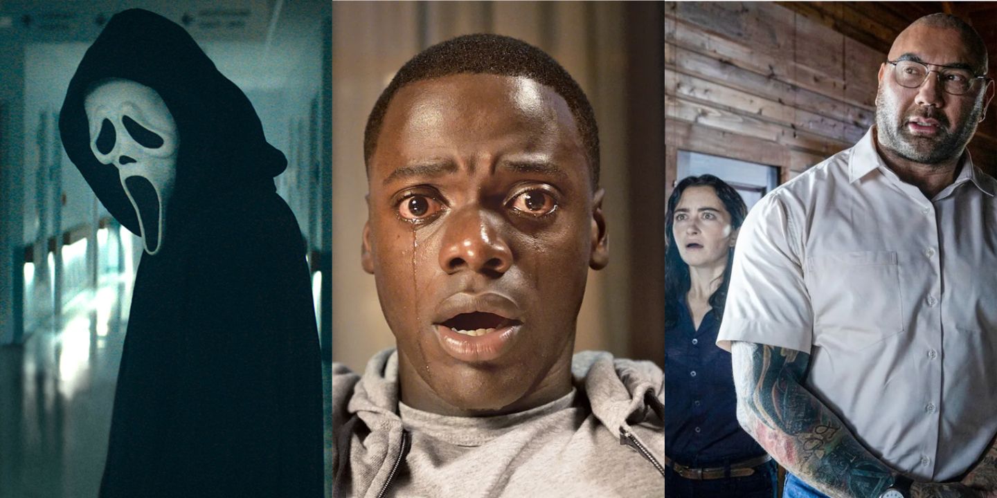 A split image of Scream (2022), Get Out, and Knock at the Cabin