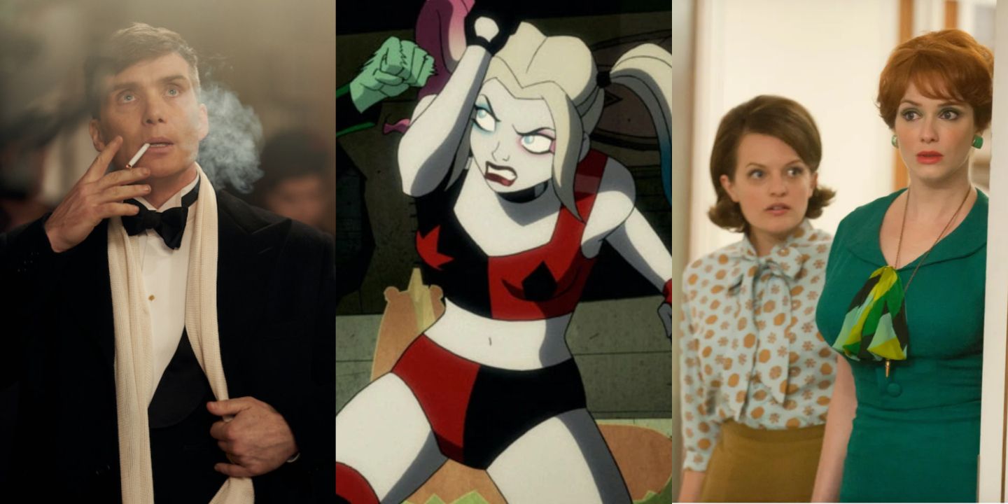 A split image of Tommy Shelby in Peaky Blinders, Harley Quinn in Harley Quinn, and Peggy in Mad Men