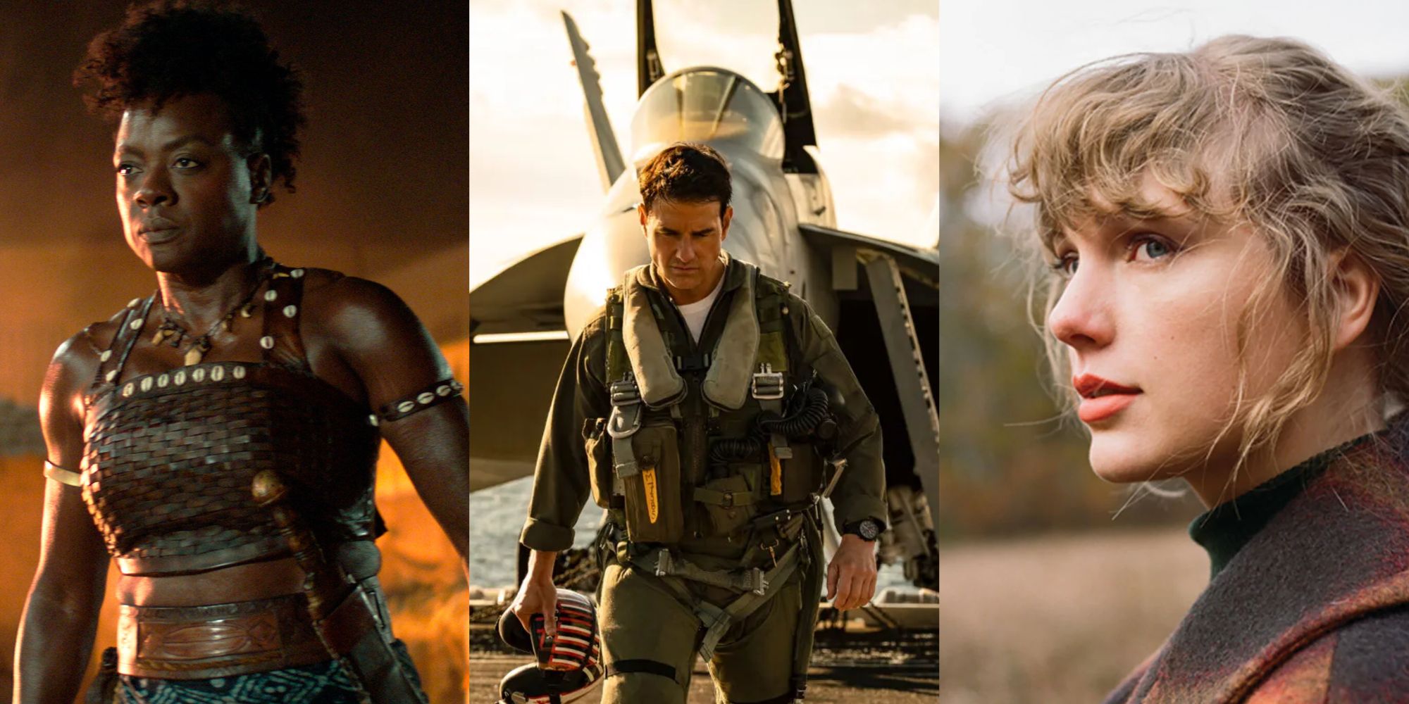 A split image of Viola Davis looking angry in The Woman King, Tom Cruise looking down in Top Gun 2, and Taylor Swift looking sideways in Carolina