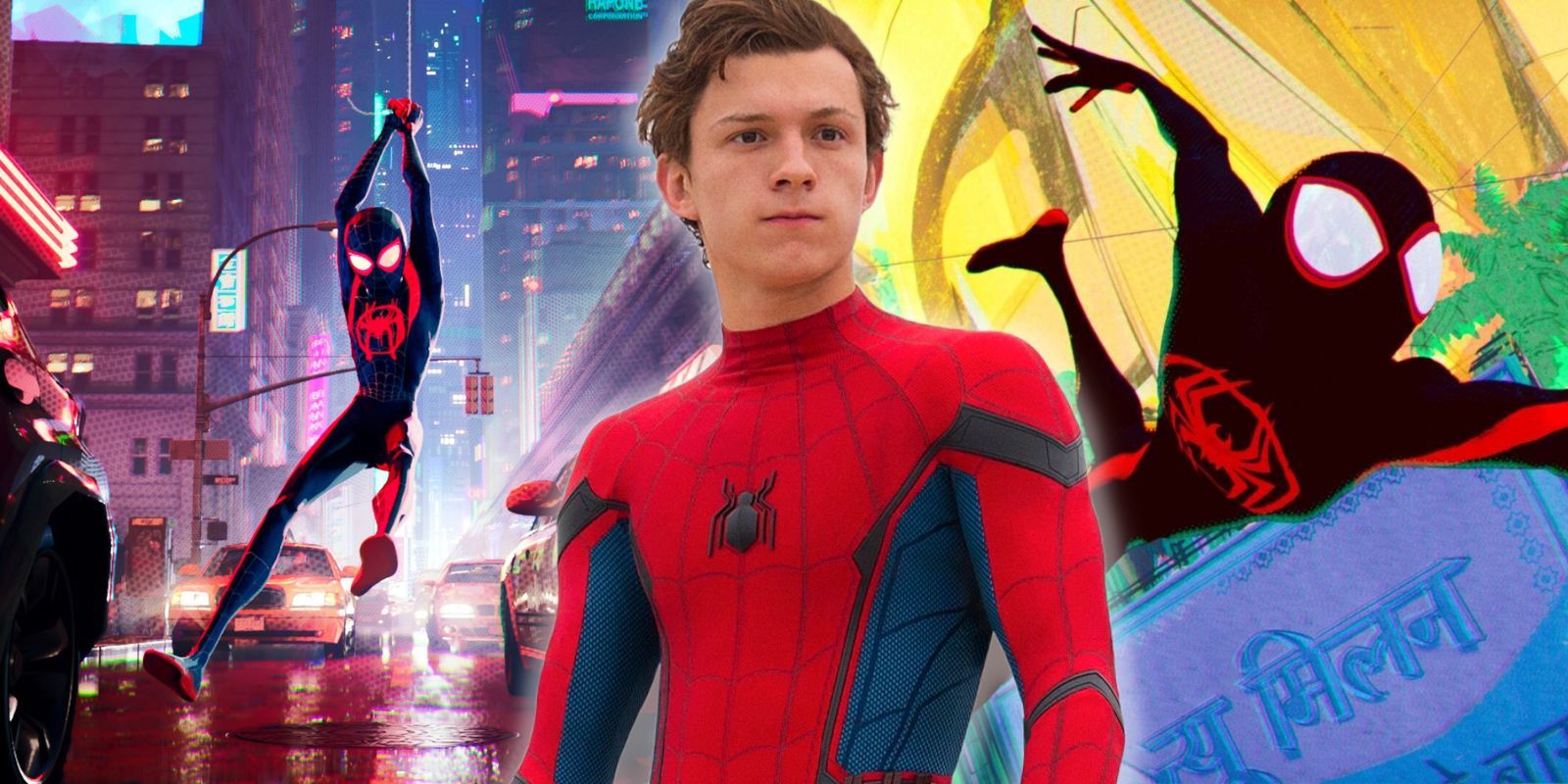 Tom Holland's Spider-Man wedged between Miles Morales in action