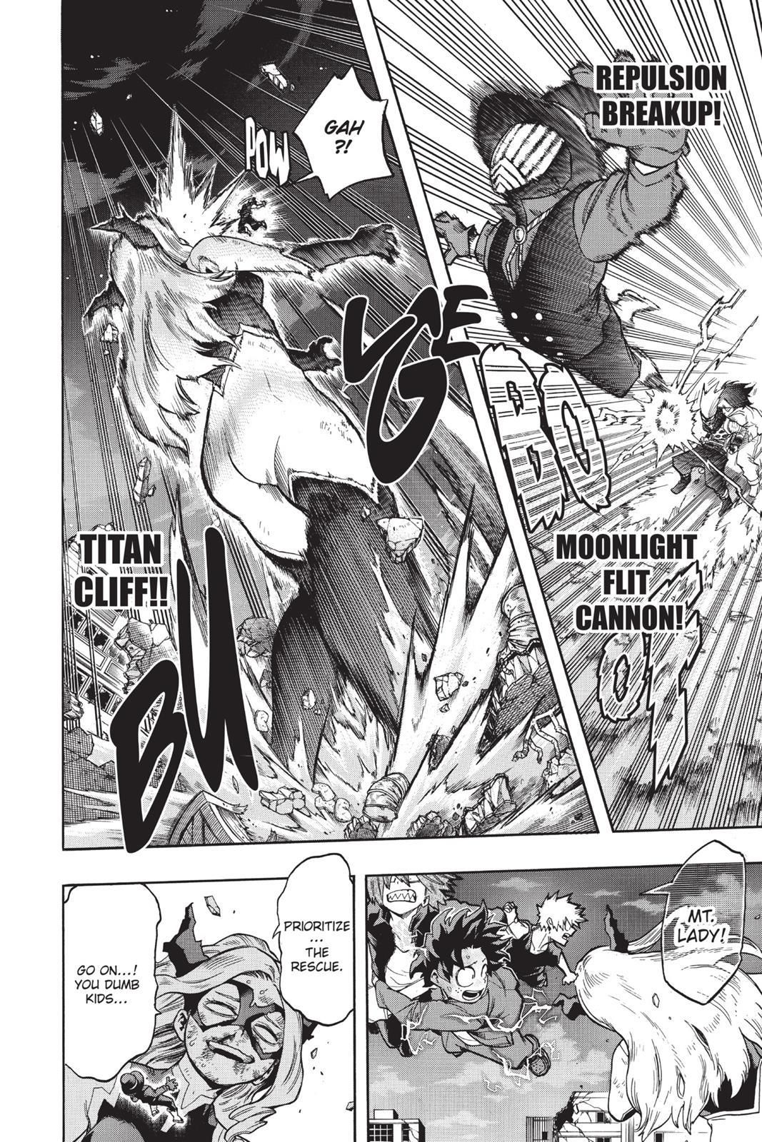 Mt. Lady protegendo Deku, Kirishima, Bakugo e Lida e pedindo a eles que priorizem o resgate