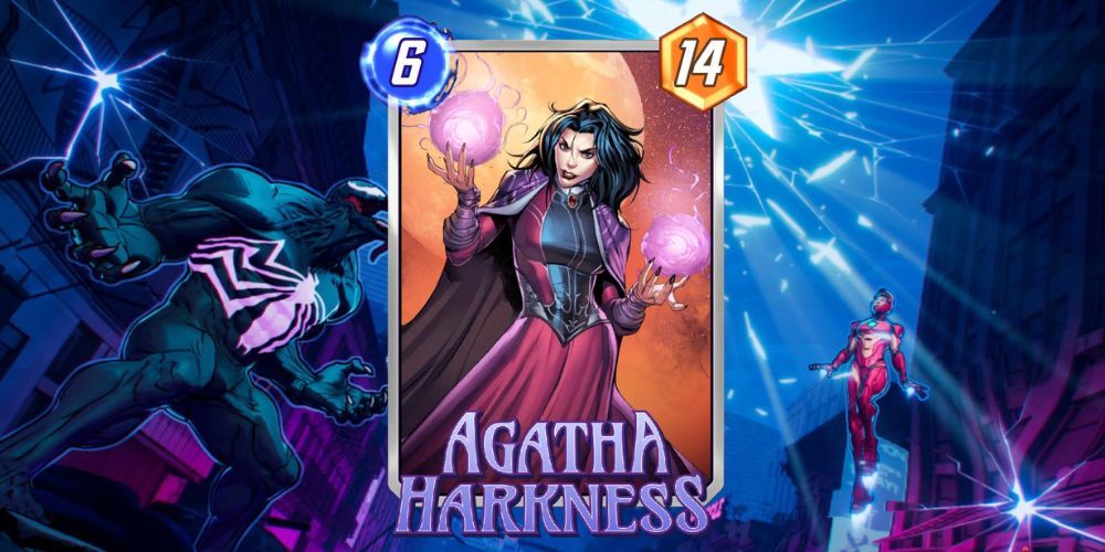 Agatha Harkness card Marvel Snap with Marvel Snap background