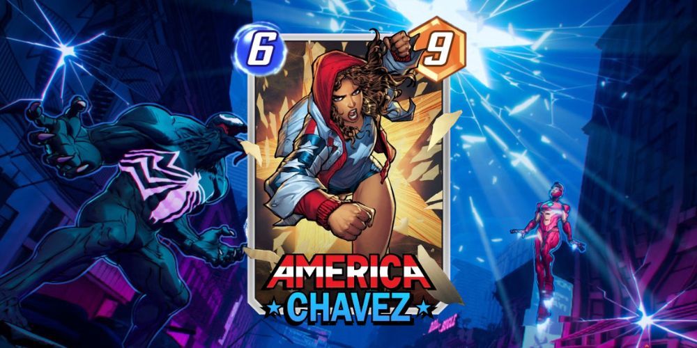 Carta de América Chavez Marvel Snap com fundo Marvel Snap.