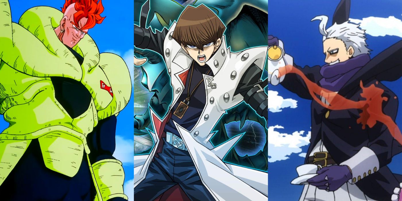 A split image of Android 16 from Dragon Ball Z, Seto Kaiba from Yu-Gi-Oh!, and Gentle Criminal from My Hero Academia.