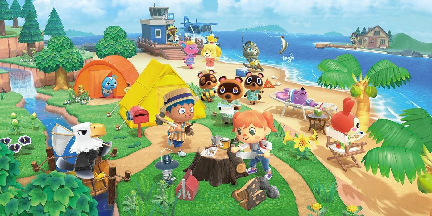 O personagem principal cercado por aldeões na arte da capa de Animal Crossing New Horizons.