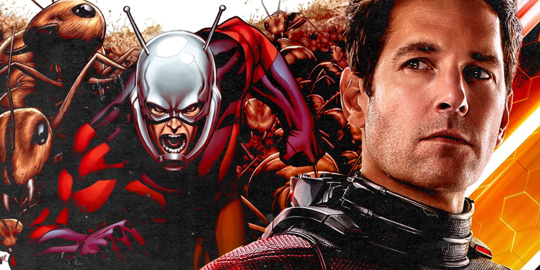 Ant-Man in the comics running with ants and Scott Lang from the MCU split image