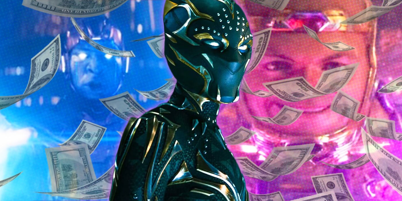 Images of Kang firing energy and MODOK without mask with money falling over them and Shuri in Black Panther suit in middle