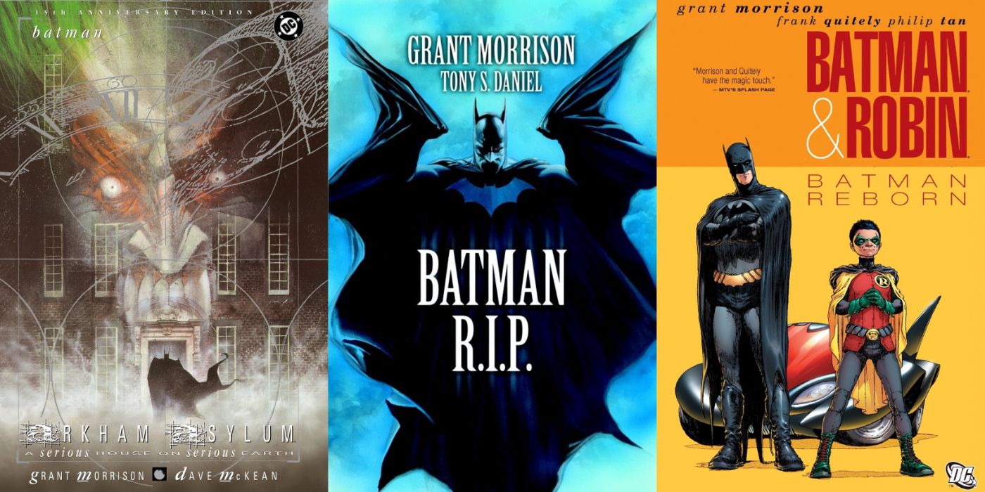 Split image of Arkham Asylum, R.I.P., and Batman and Robin cover artwork.
