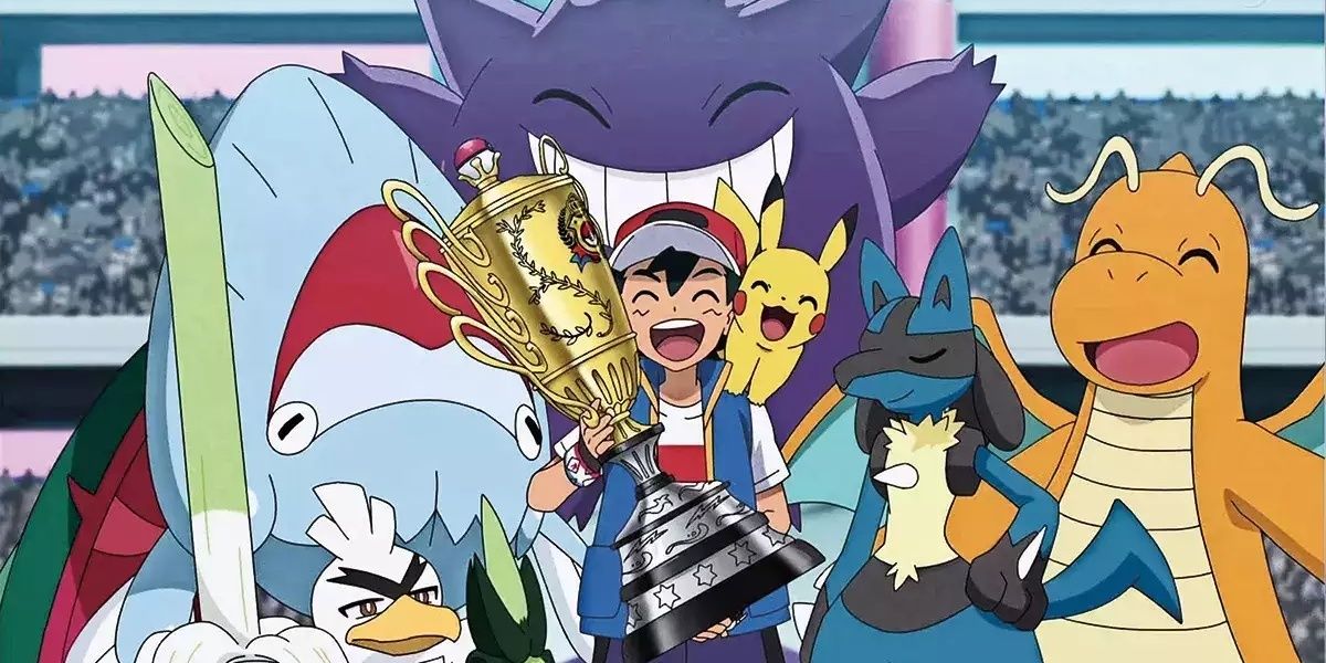 Ash posando com seu Pokémon depois de se tornar o Campeão do Mundo