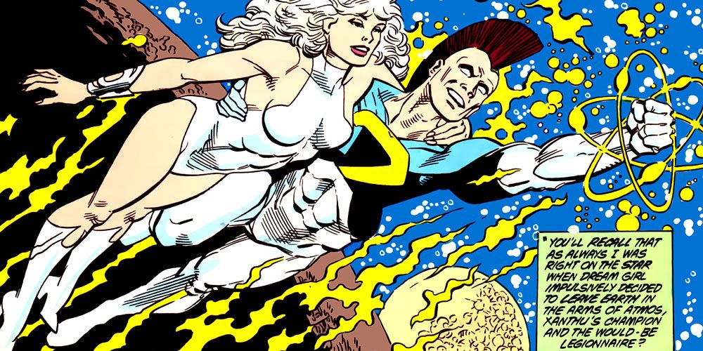 Atmos flies with Dream Girl of the Legion of Super-Heroes in his arms through space