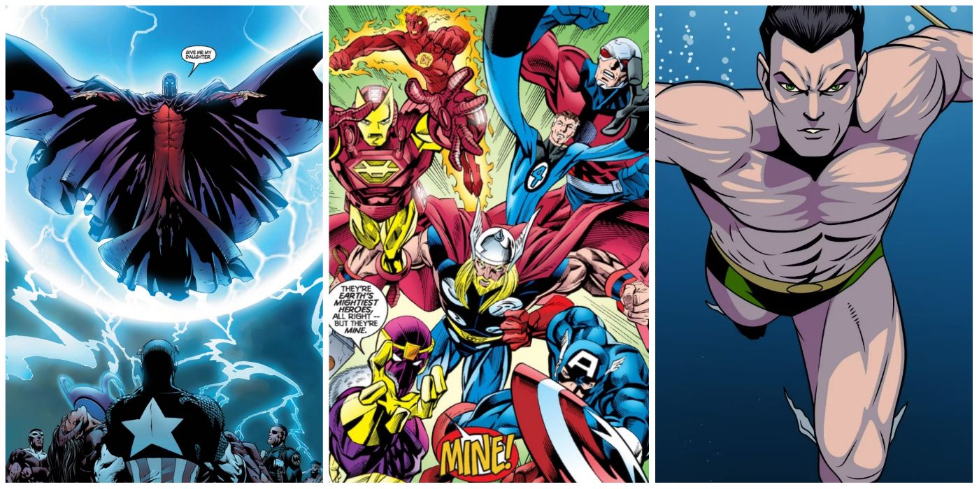 A split image of Magneto, Baron Zemo mind-controlling heries, and Namor in Marvel Comics
