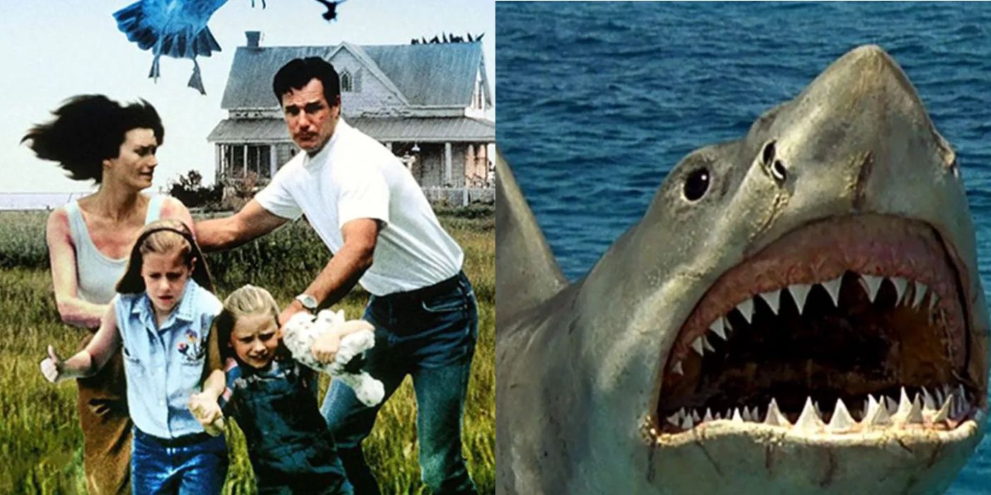 A family running away from attacking birds in The Birds 2: Land's End and the shark from Jaws: The Revenge. 
