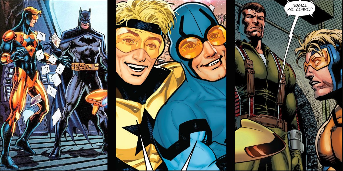 Booster Gold with his best teammates Batman, Rip Hunter and Blue Beetle