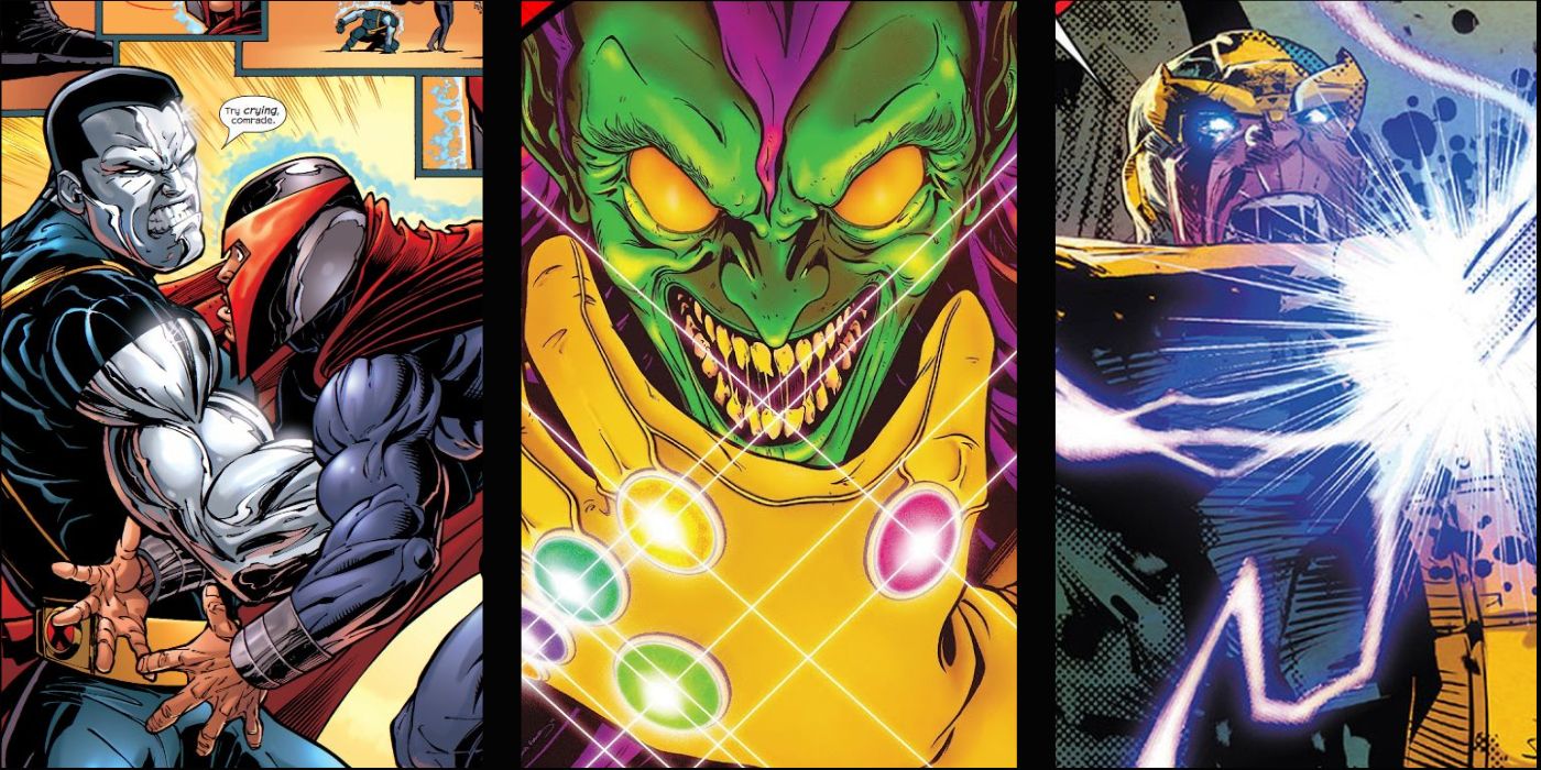 split image of Magneto, Green Goblin with the Infinity Gauntlet and Thanos
