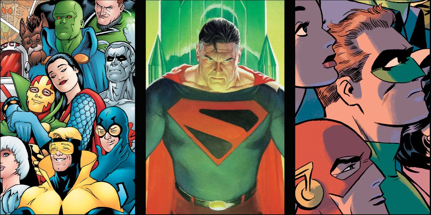 split image of Justice League International, Kingdom Come, and New Frontier